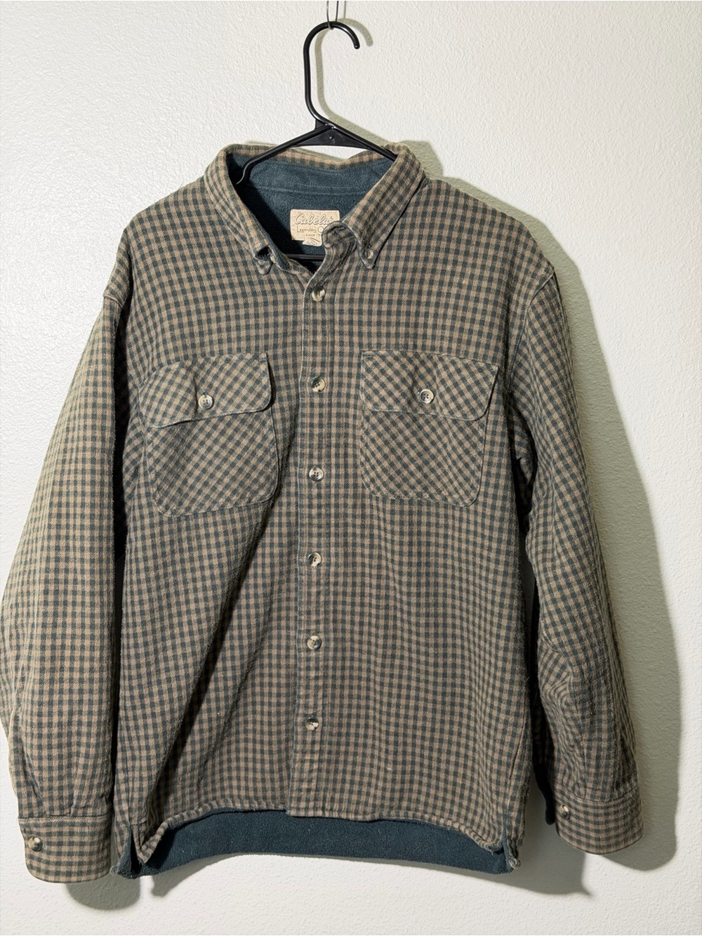 Cabelas Shirt Jacket Mens Medium Hunter Green Plaid Fleece Lined Flannel Shacket